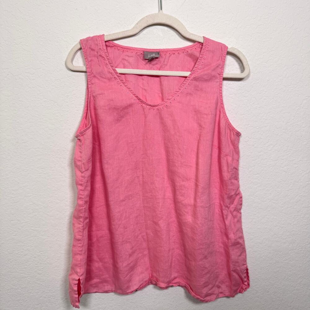 J. Jill Women 100% Linen Tank Top Sz L Petite Eyelet Summer Feminine Pastel Pink
